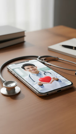 Smartphone displaying a smiling doctor holding a red heart during an online video call for telemedicine, symbolizing virtual healthcare, remote medical consultation, and digital well being servicesの素材