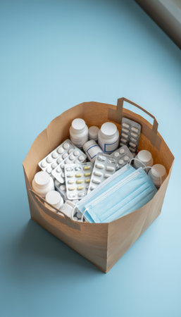 Paper bag full of various medicines including pills, tablets, capsules, and protective face masks, representing the concept of online pharmacy and contactless delivery servicesの素材