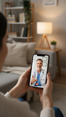 Woman having an online consultation with a smiling male doctor on a smartphone, receiving remote healthcare advice and support from home through telehealth technologyの素材