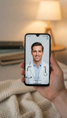 Persons hand holding a smartphone displaying a video call with a male doctor, representing modern telemedicine, virtual healthcare, and remote patient supportの素材