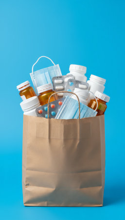 Brown paper bag filling with medical masks, pharmaceutical bottles, and blister packs of pills, representing online medicine orders and convenient home healthcare serviceの素材