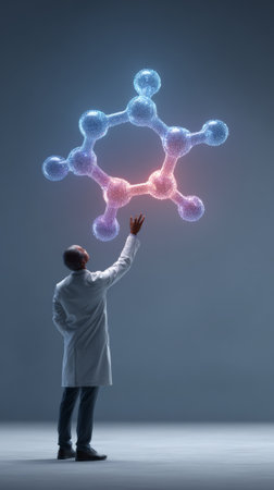 Scientist in a lab coat reaches out to touch a glowing, futuristic molecule, symbolizing cutting edge research and the integration of artificial intelligence in chemistryの素材
