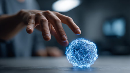 Hand extending toward luminescent azure sphere, symbolizing ai interaction within high tech scientific research environment, depicting technological connection and innovationの素材