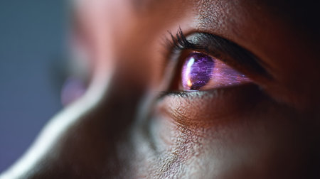 Ai light scanning of a female eye reveals intricate technological details merging human biology with digital innovation, symbolizing the future of machine and organic interactionの素材