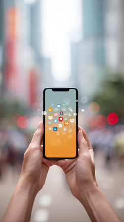 Hands holding a smartphone with social media icons against a blurred city street, illustrating mobile technology and social media connectivity in urban lifeの素材