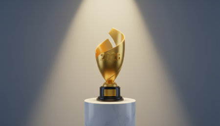 Golden 2026 trophy on white marble pedestal under a focused spotlight, symbolizing achievement, success and future ambition for corporate awards, celebration and leadershipの素材