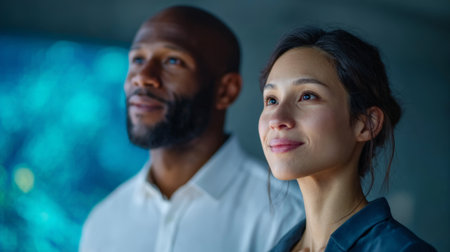 Two businesspeople, a man and a woman, are looking up with hope at a large display showing complex data visualizations, likely related to artificial intelligence or machine learningの素材