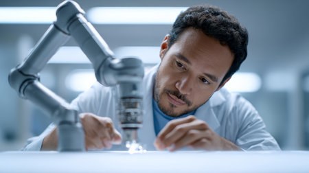Development engineer programming articulated robotic arm in modern laboratory, focusing on precision and advanced technology in the field of automation and artificial intelligenceの素材