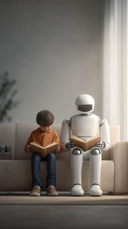 Child and a humanoid robot are sitting on a sofa, engrossed in reading books, symbolizing the potential of ai in education and the evolving relationship between humans and technologyの素材