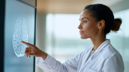 Female physician gesturing toward holographic human brain visualization, demonstrating advanced neurological diagnostic technology with ai integration in contemporary medical settingの素材