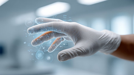 Medical professional touching holographic mesh hand with ai interface, wearing white gloves in futuristic laboratory environment, exploring advanced digital healthcare technologyの素材