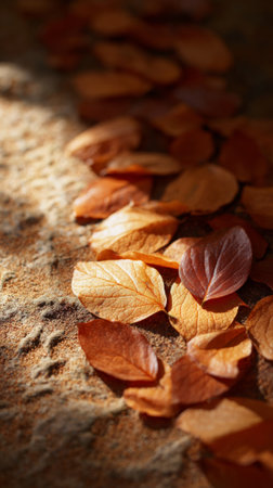 Fallen autumn leaves in warm orange and brown hues create a natural path on textured ground, illuminated by soft sunlight, evoking a sense of seasonal tranquility and the beauty of natures decayの素材