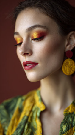 Fashion model wearing colorful autumn makeup, yellow earrings, and a green and yellow shirt, posing for a beauty portrait with a red backgroundの素材