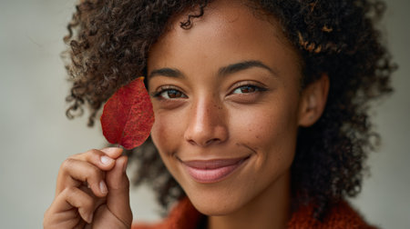 Smiling young woman with curly hair and freckles holding a red autumn leaf near her face, enjoying the fall season with a cozy and warm feelingの素材