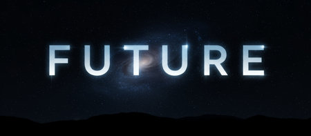 Future word glowing with a slight aura, floating above a subtle dark landscape, set against a deep outer space background with a spiral galaxy and starsの素材