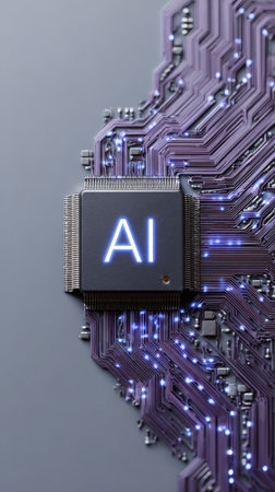 Luminescent ai microchip radiating across electronic circuit board, highlighting computational processing power and technological advancement in digital semiconductor designの素材