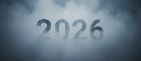 Year 2026 numbers appearing through thick, swirling fog, representing the future, new beginnings, opportunity, and the unknown path ahead, evoking a sense of mysteryの素材