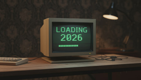 Vintage personal computer monitor displaying a green pixelated loading 2026 message with a progress bar on a wooden desk, symbolizing the arrival of a new yearの素材