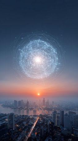 Futuristic ai network is connecting global business and communication, hovering over bangkok skyline at sunset, symbolizing innovation and technological advancement in thailandの素材