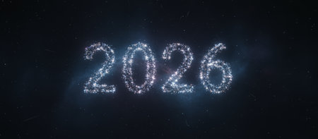 Glowing number 2026 made of many small particles twinkling like stars, representing the arriving new year, celebrating the future and forward movement in dark cosmic spaceの素材