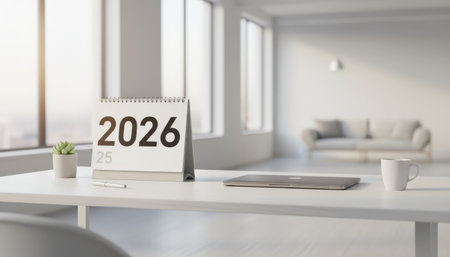 Desk calendar displaying the year 2026 on a modern office table with laptop, pen, coffee cup, and succulent plant, symbolizing future planning, goals, and new beginnings in a bright workspaceの素材
