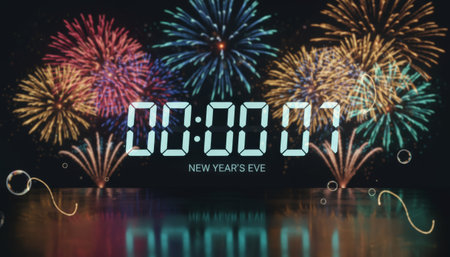 Digital clock displaying the final second of a new year countdown with colorful fireworks exploding in the night sky over a reflective surface, symbolizing celebration and anticipationの素材