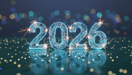 Numbers 2026 generating light with electric circuits and sparkling effects, symbolizing a future oriented new year celebration with advanced technology and digital innovation on a reflective surfaceの素材