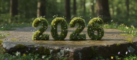Eco friendly numbers 2026, covered in lush green grass and small wildflowers, are standing on a mossy stone step within a vibrant, natural forest environment, symbolizing a sustainable futureの素材