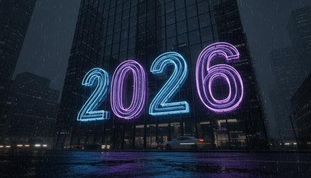 Neon sign displaying the year 2026 illuminating a contemporary skyscraper facade in a futuristic city during a rainy night, symbolizing new beginnings and technological advancementの素材