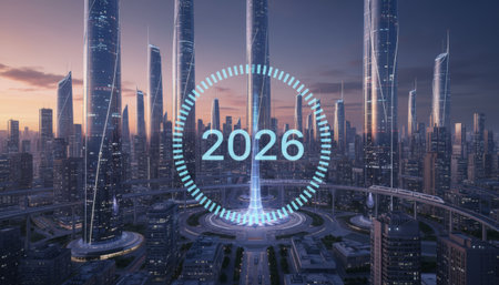 Futuristic cityscape showcasing skyscrapers, elevated trains, and advanced infrastructure, with a prominent digital clock displaying the year 2026, representing future technology and innovationの素材