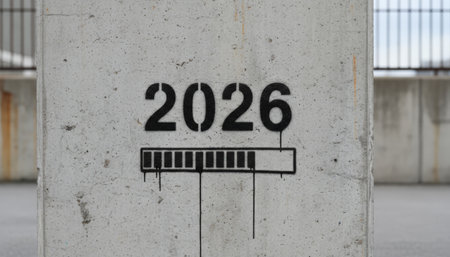 Concrete wall displaying a black stencil graffiti of the year 2026 above a loading progress bar, symbolizing the anticipation and countdown to the future and new beginningsの素材