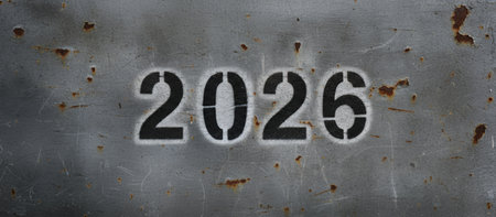 2026 stenciled on a textured gray industrial metal surface with rust, scratches and peeling paint, grungy weathered look symbolizing decay and the coming new yearの素材