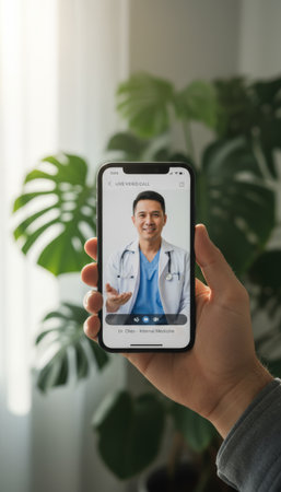 Hand holding a smartphone displaying a virtual consultation with a male doctor smiling and gesturing, representing modern telehealth and online medical support through remote communicationの素材