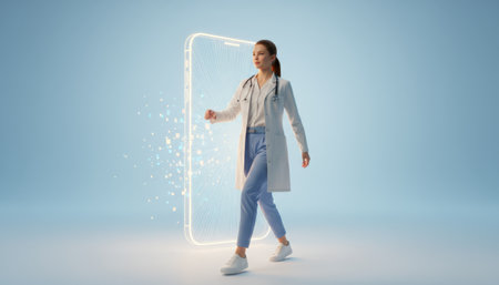 Woman doctor in medical gown and stethoscope walking out from a glowing digital smartphone screen, representing modern telehealth and virtual medicineの素材