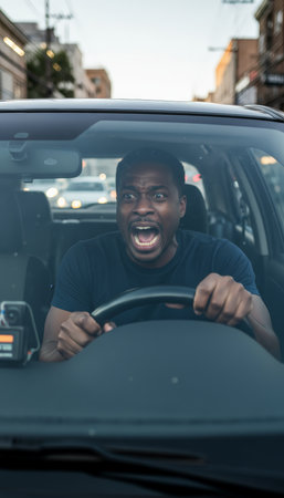 Furious man with wide open mouth shouting, gripping steering wheel tightly, expressing stress and road rage in a vehicle, surrounded by urban traffic congestionの素材