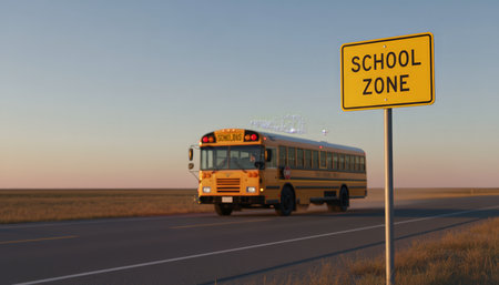 Yellow school bus drives past a bright school zone warning sign on an empty highway at sunset, golden hour countryside scene evoking safety, travel, and back to school journeyの素材