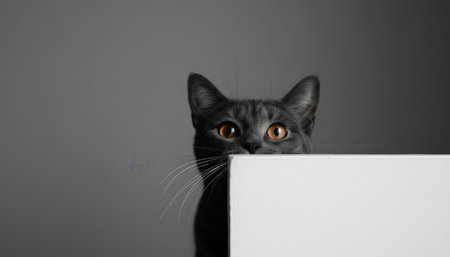 Grey burmese cat with bright orange eyes curiously peeking its head over a white surface, creating a playful and minimalist portrait against a clean gray backgroundの素材