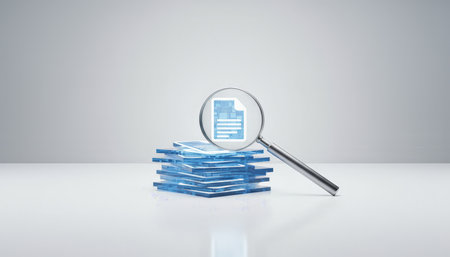Magnifying glass inspecting a stack of abstract blue data sheets, highlighting a digital file icon, symbolizing investigation, analysis, and discovery of informationの素材
