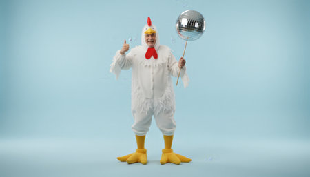 Cheerful man dressed in a white feathered chicken suit and giant yellow feet holding a shiny disco ball on a stick, giving a thumbs up gesture, celebrating retro party funの素材