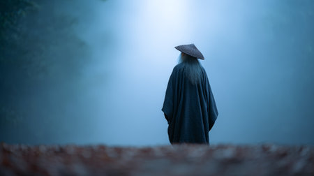 Person wearing a cloak and straw hat standing against a hazy, ethereal blue background, evoking themes of journey, mystery, and solitude in a fantasy settingの素材