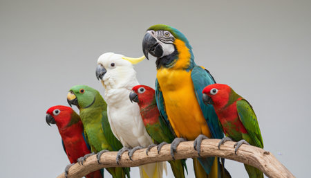 Different species of exotic birds, including colorful parrots and a white cockatoo, are perching together on a horizontal wooden branch with a plain backgroundの素材