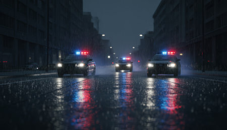 Police cars race through a dark, rain slick downtown street with red and blue lights flashing, reflections on wet pavement evoking urgent law enforcement response and pursuitの素材