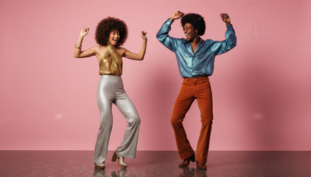 Cheerful multiethnic couple in vibrant 70s disco fashion and afros joyfully dancing on a pink backdrop, full length, smiling and celebrating with retro flair and energyの素材
