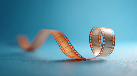 Film strip unrolling and coiling on a textured blue surface, symbolizing movie history, filmmaking, entertainment, and the nostalgic experience of analog mediaの素材