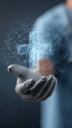 Doctor hand in glove holding a glowing digital cross symbol, representing healthcare technology, medical innovation, and future patient care in a modern global network conceptの素材