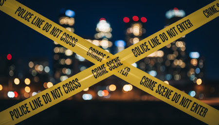 Yellow police crime scene tape reading police line do not cross stretches across the frame, blocking view of a blurred, illuminated city skyline at night, evoking urban investigationの素材
