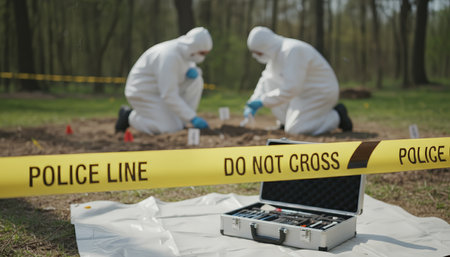 Forensics specialists in protective suits examining evidence at an outdoor crime scene, with police line tape marking off the investigation area and a tools kit in the foregroundの素材