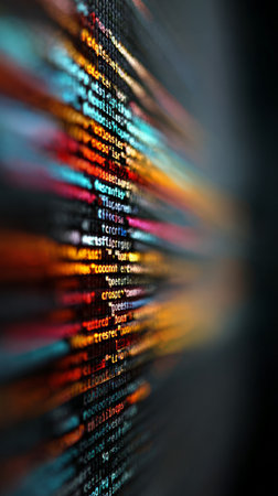 Colorful lines of programming code running on a computer screen, representing the complex algorithms and data processing involved in artificial intelligenceの素材