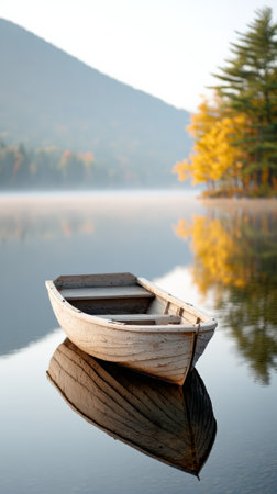 Peaceful early morning scene featuring a wooden rowboat gently floating on a calm lake, reflecting vibrant autumn foliage and mist covered mountains in the distanceの素材