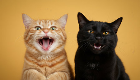 Ginger tabby cat and black cat looking expressive while opening their mouths wide, showing teeth and tongue on an isolated solid yellow studio backgroundの素材
